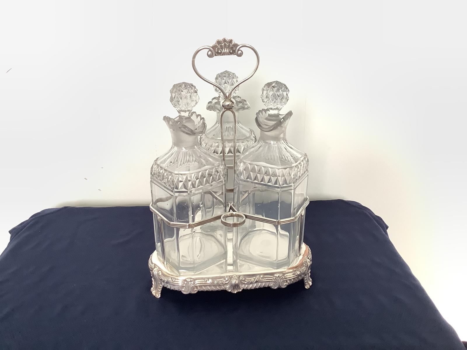 Triangular Sheffield Plate Triple Tantalus (1 of 4)