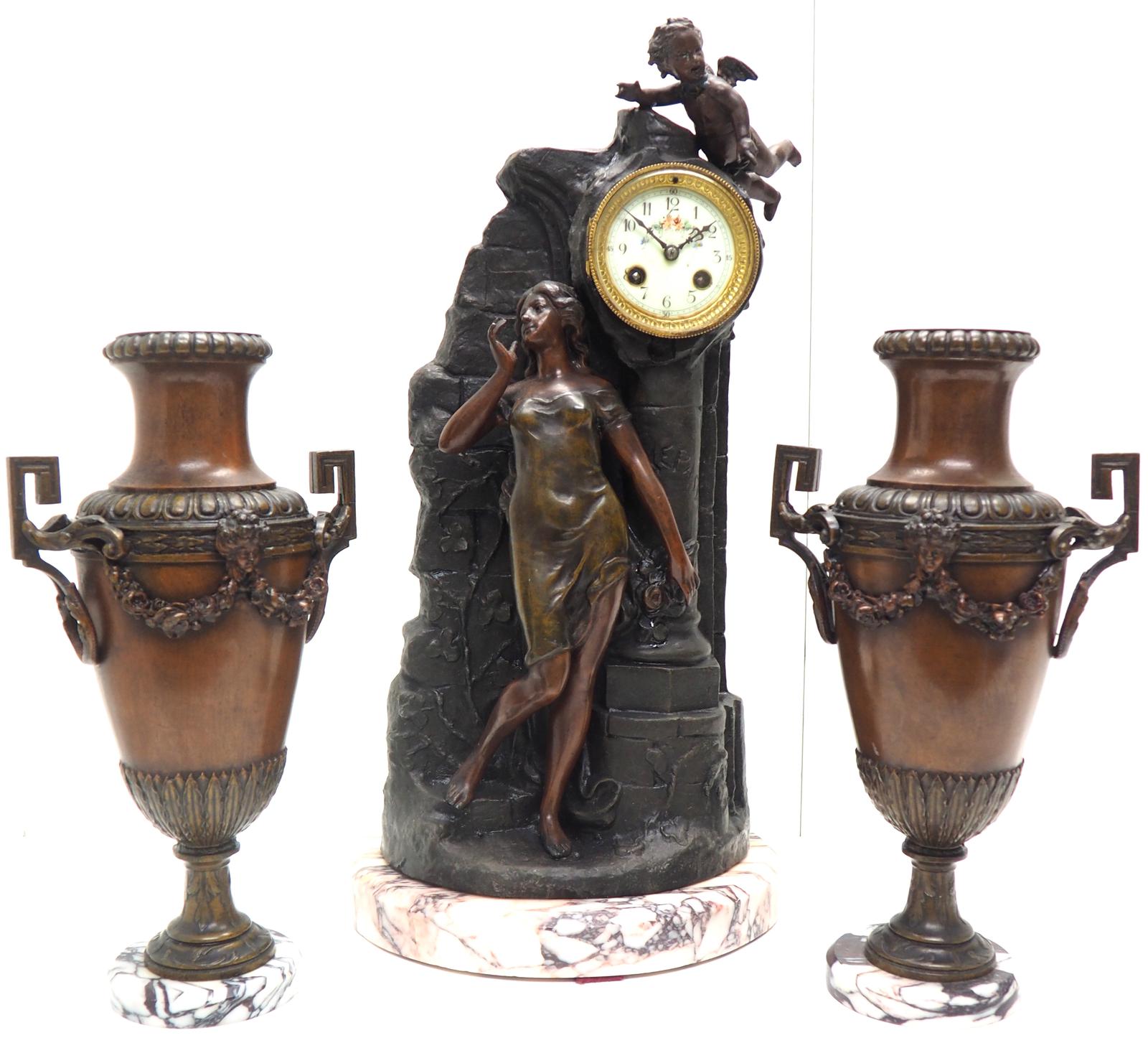 Art Nouveau Figural Mantel Clock Set 8 Day (1 of 11) Art Nouveau Figural Mantel Clock Set 8 Day (1 of 11)