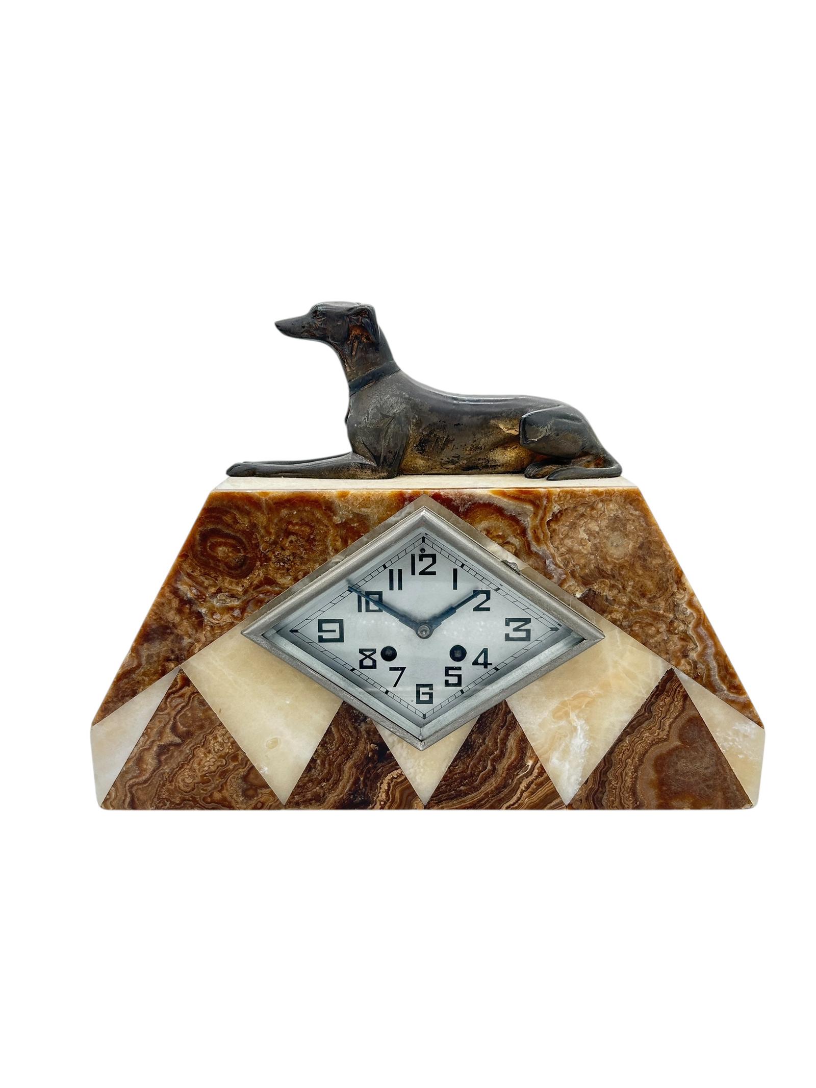 Beautiful French Art Deco Marble & Greyhound Dog Figural Mantel Clock – Ca1920 (1 of 10)