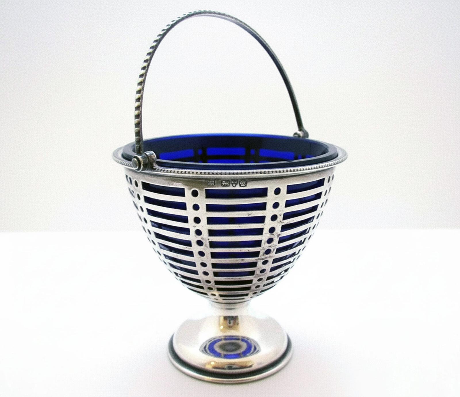 Antique English Chester Solid Sterling Silver Sugar Basket Bon Bon Blue Glass Liner Dish Bowl, 1920 (1 of 5) Antique English Chester Solid Sterling Silver Sugar Basket Bon Bon Blue Glass Liner Dish Bowl, 1920 (1 of 5)