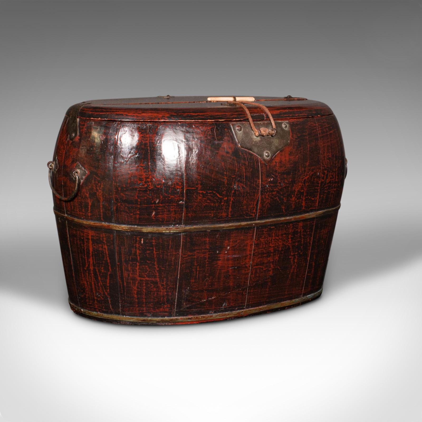 Antique Campaign Salt Cellar, Chinese, Pine, Brass Bound, Oval Cask, Victorian (1 of 11)