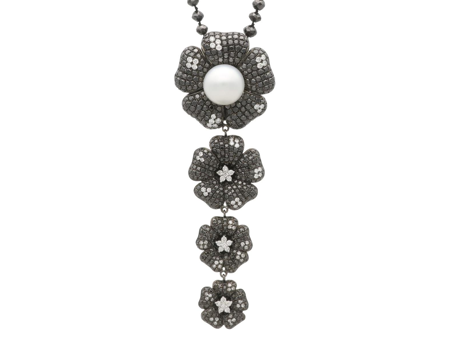 Vintage Cultured Pearl & 36.00ct Black Diamond & 1.05ct White Diamond, 18ct Oxidised White Gold Pendant 1964 (1 of 13)