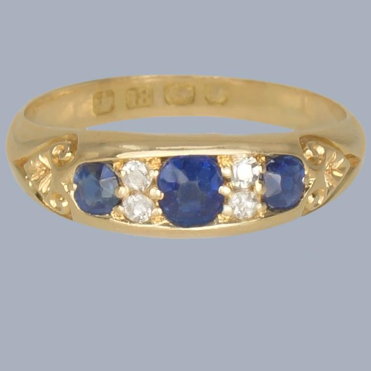 Victorian Sapphire and Diamond 18ct Gold Boat Ring, Antique Bateau Ring c.1890 (1 of 9)