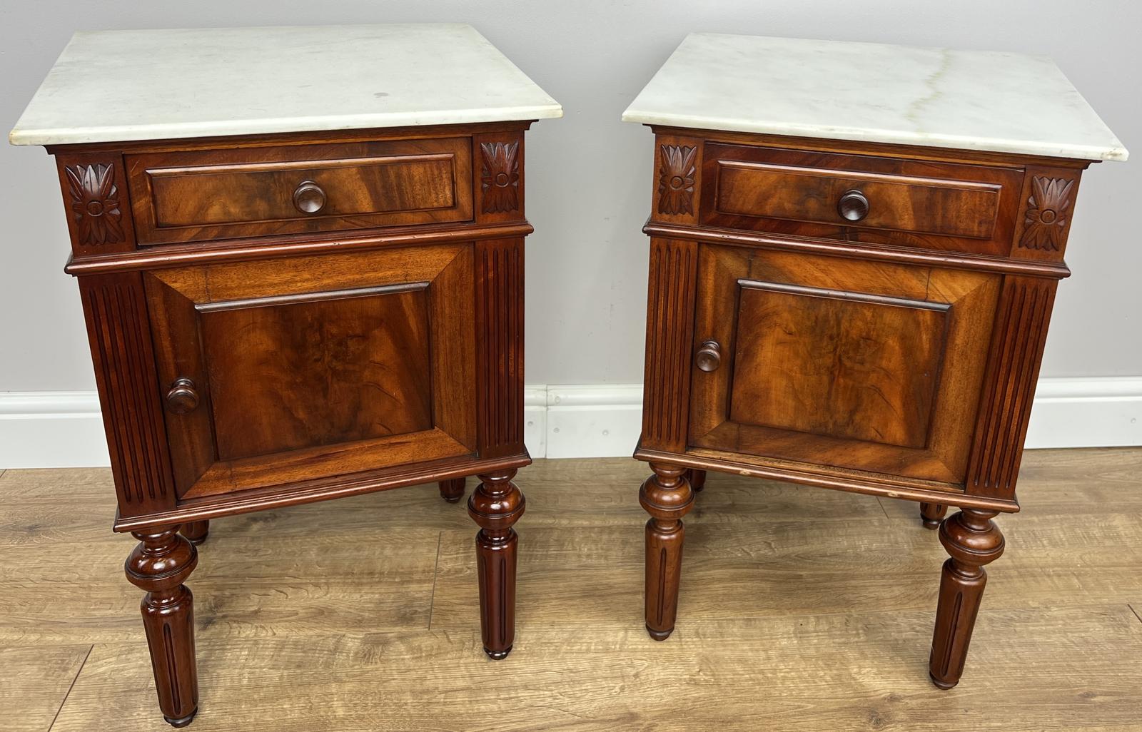 Pair of Bedside Tables Antique Walnut Marble Top Nightstands Cabinets (1 of 18) Pair of Bedside Tables Antique Walnut Marble Top Nightstands Cabinets (1 of 18)
