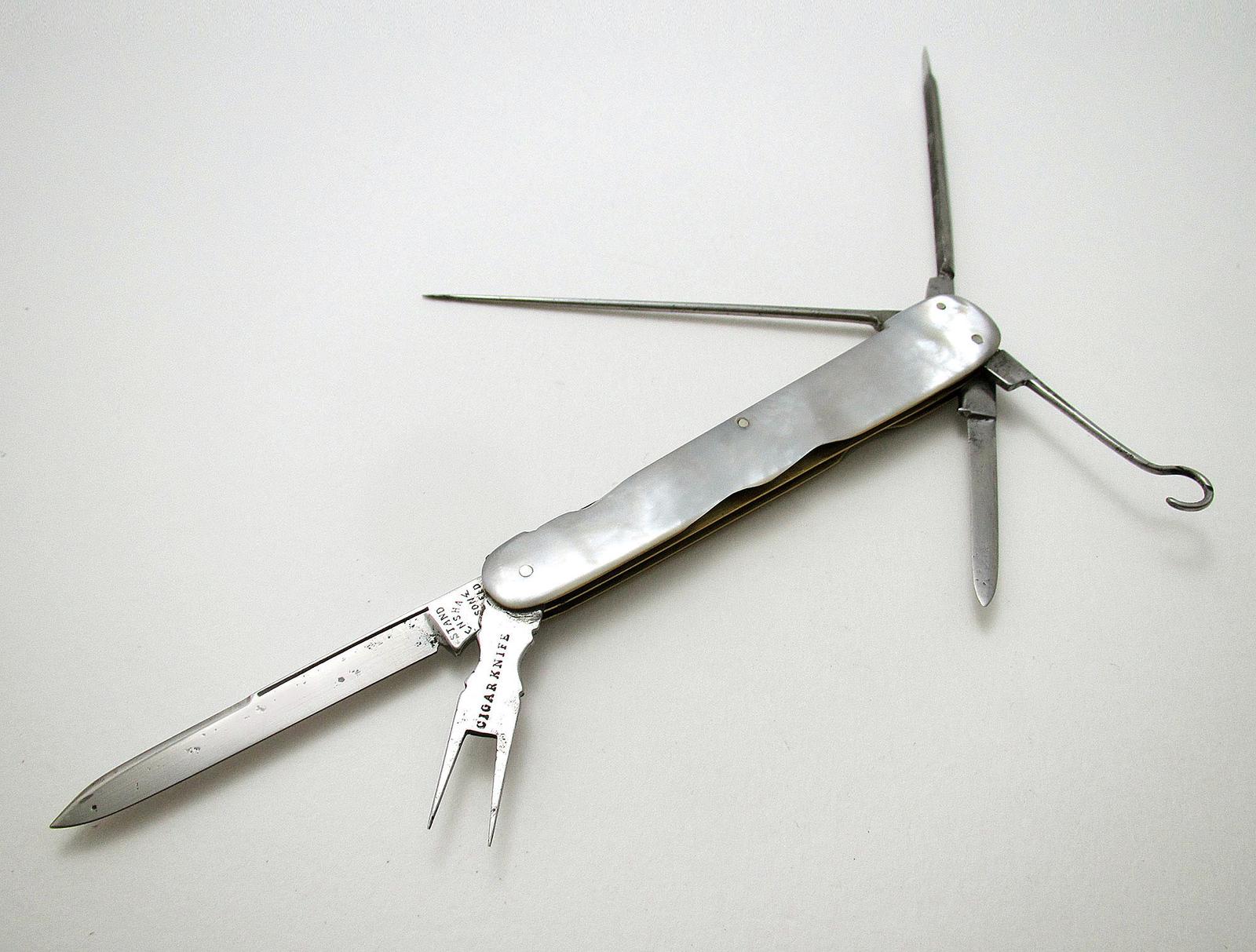 Sheffield Thomas Renshaw & Son Victorian Antique Pocket Multi Tool Folding Knife Cigar Smoker Penknife, Mother of Pearl, Carbon Steel c.1880 (1 of 9)