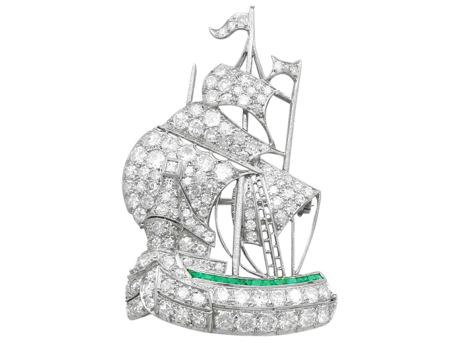 2.65ct Diamond & 0.28ct Emerald, Platinum Ship Brooch (1 of 9)