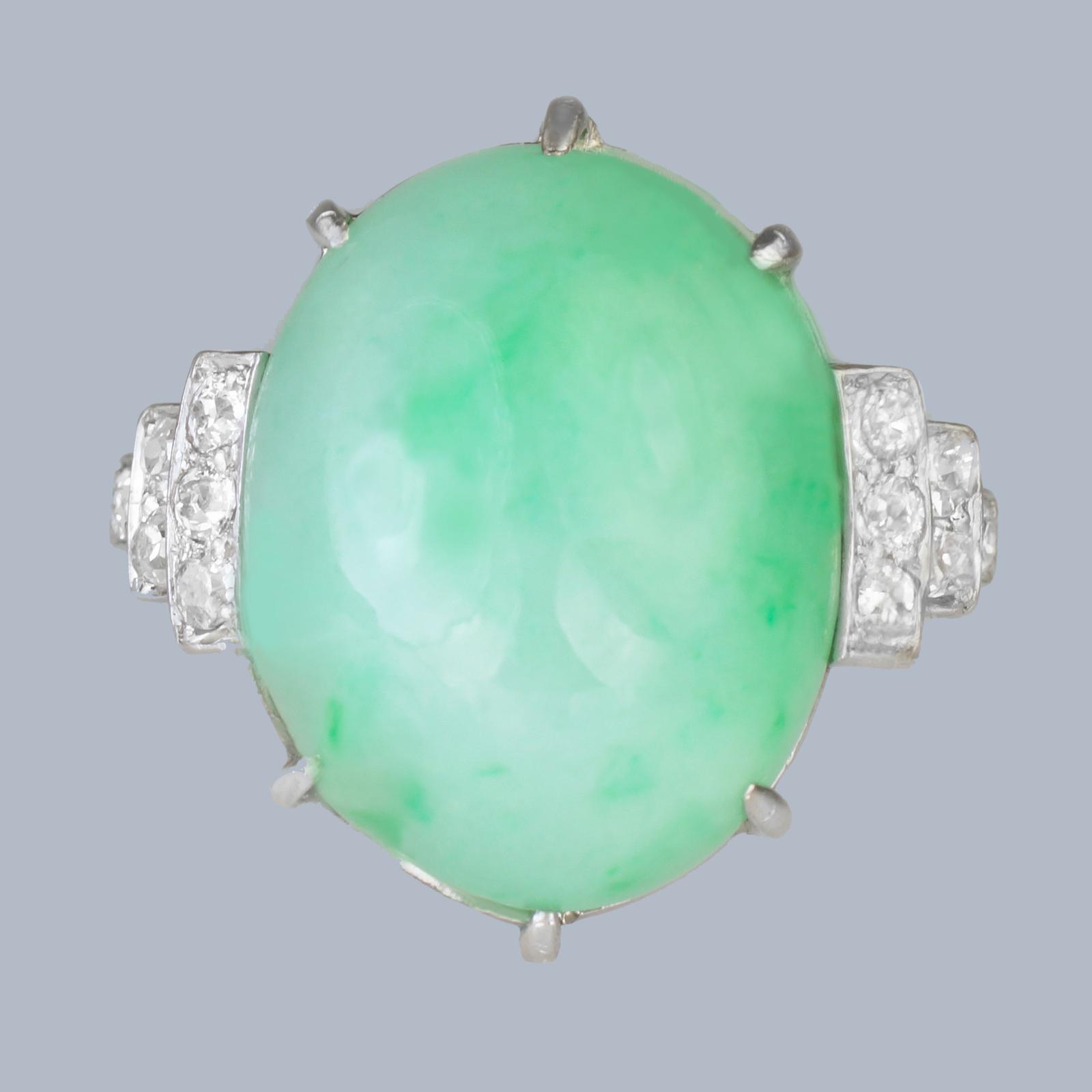 Art Deco Platinum Jadeite & Diamond Ring – 15ct Natural Green Jade, 1920s with Certificate (1 of 19)