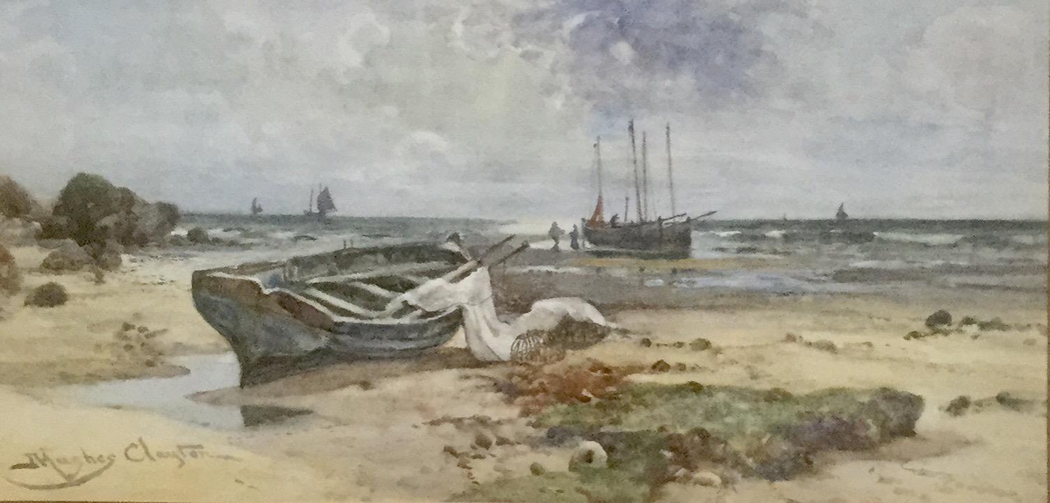 Joseph Hughes Clayton Watercolour - Beach Scene with Fishing  Vessels (1 of 2)