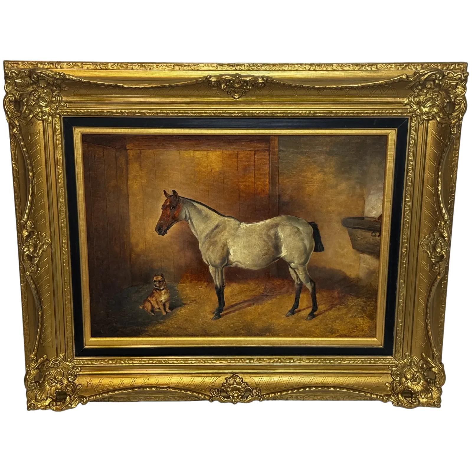 Victorian Painting Strawberry Grey Roan Hunter Horse Stable with Terrier Circle John Sargent Noble (1 of 62)
