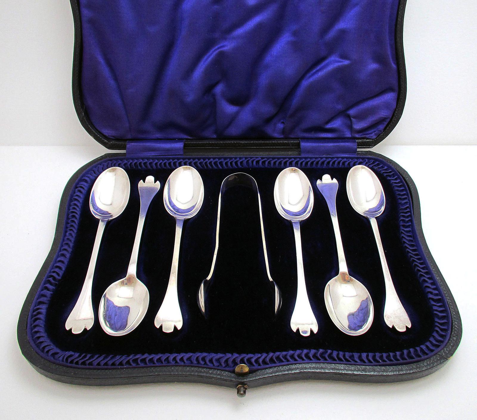 Antique Edwardian 1910 Solid Sterling Silver Tea Spoons & Sugar Tongs Set, English Trefid Rattail William III Style (1 of 8) Antique Edwardian 1910 Solid Sterling Silver Tea Spoons & Sugar Tongs Set, English Trefid Rattail William III Style (1 of 8)