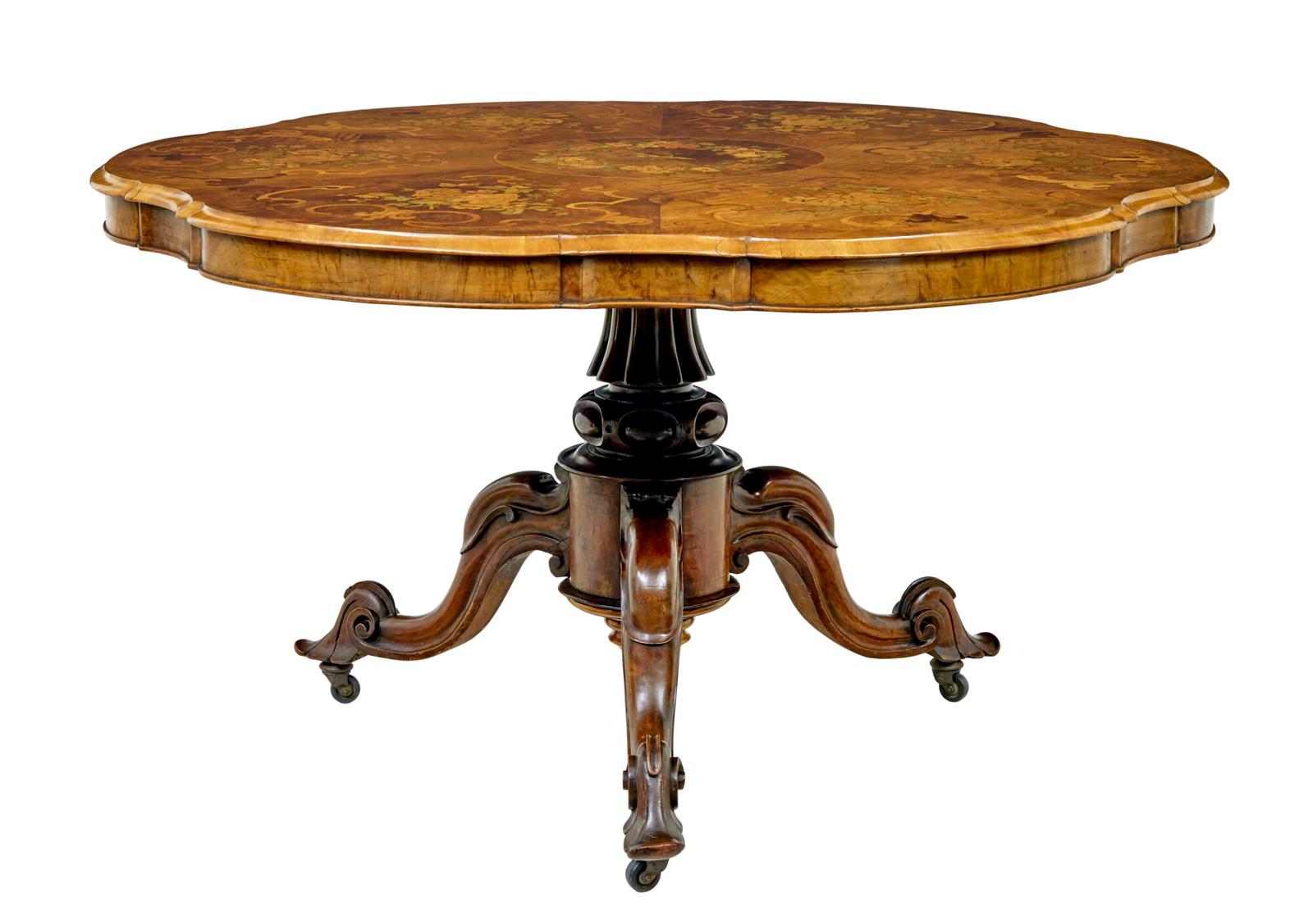 19th Century Carved Walnut Marquetry Center Table (1 of 15)