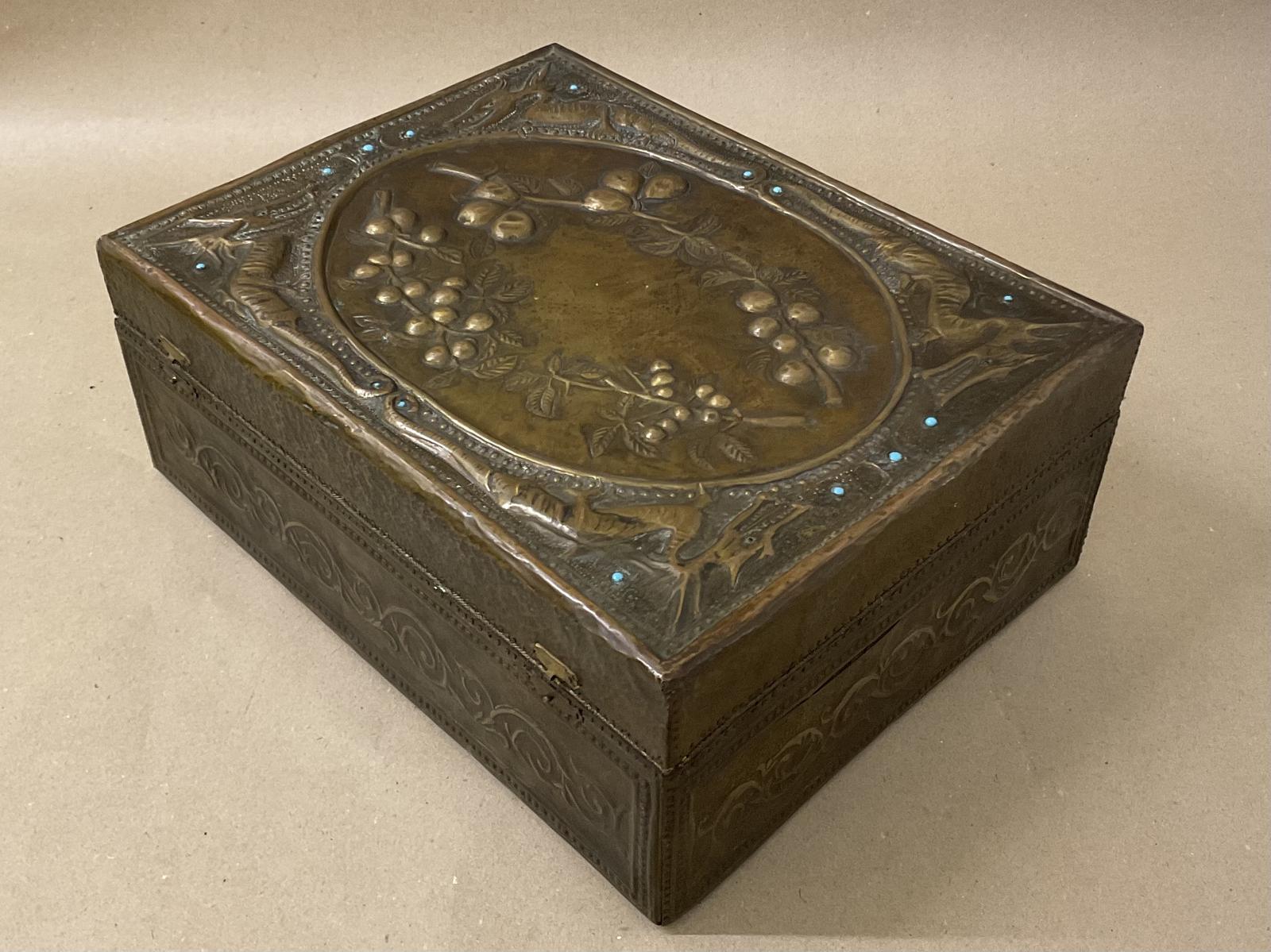 Arts And Crafts Repousse Brass Jewellery Box With Mythical Beasts And Blue Stones Antique Victorian (1 of 8) Arts And Crafts Repousse Brass Jewellery Box With Mythical Beasts And Blue Stones Antique Victorian (1 of 8)