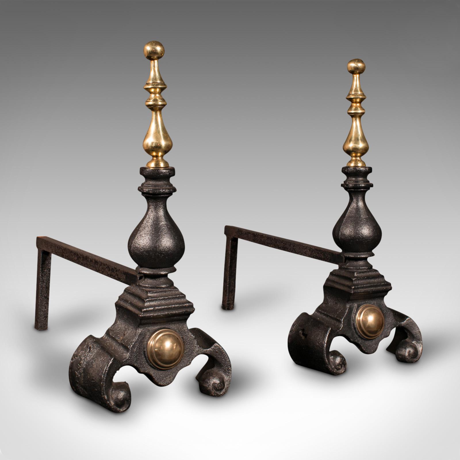 Pair, Antique Fireside Tool Rests, English, Cast Iron, Brass, Andiron, Victorian (1 of 9)