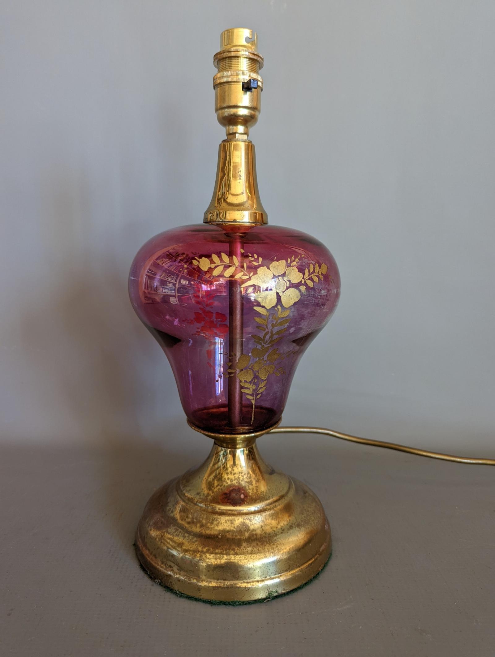 Single 1930s Brass & Cranberry Glass Table Lamp (1 of 7)