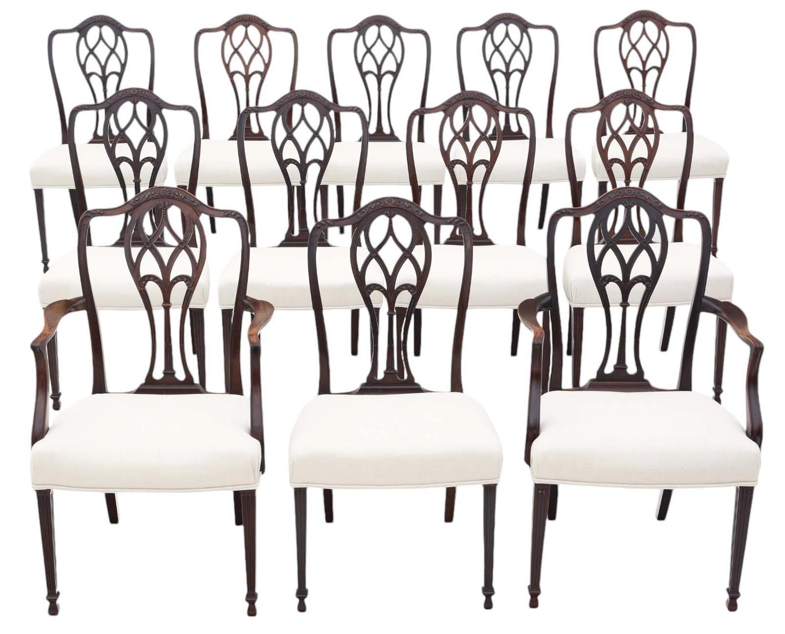 Antique Quality Set of 12 (10 Plus 2 Carvers) Mahogany Dining Chairs c.1900 (1 of 9)