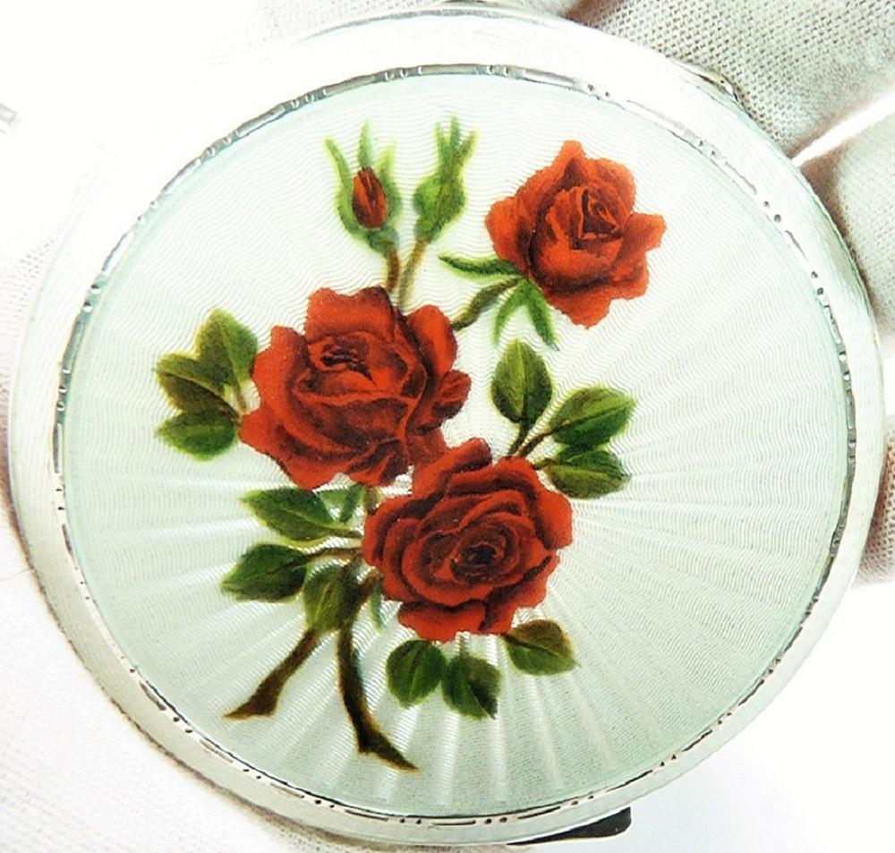 Solid Silver Handbag Mirror Red Roses 1955 (1 of 8)