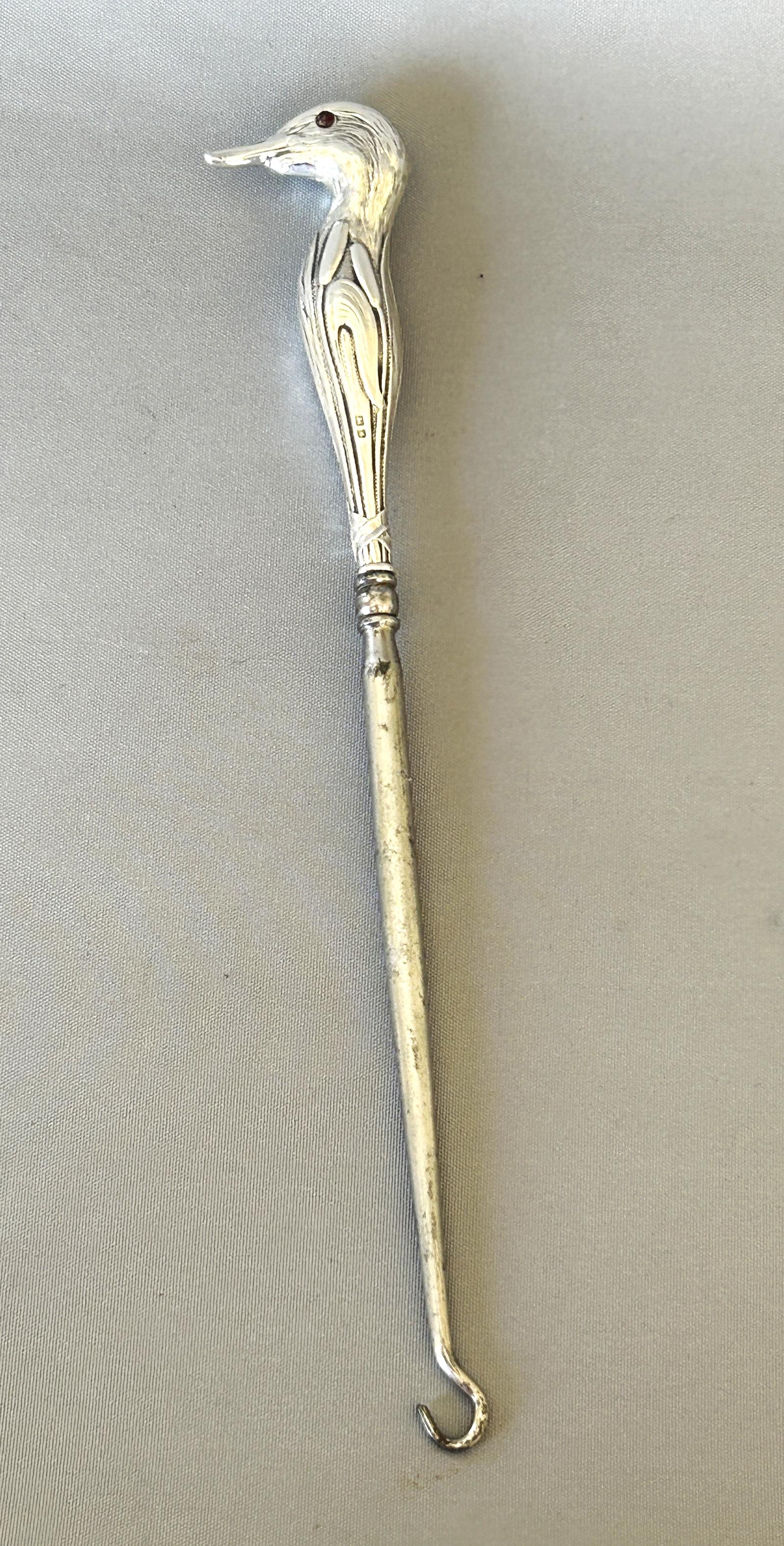 Rare Large Silver Handled Button Hook with Duck Finial (1 of 6)