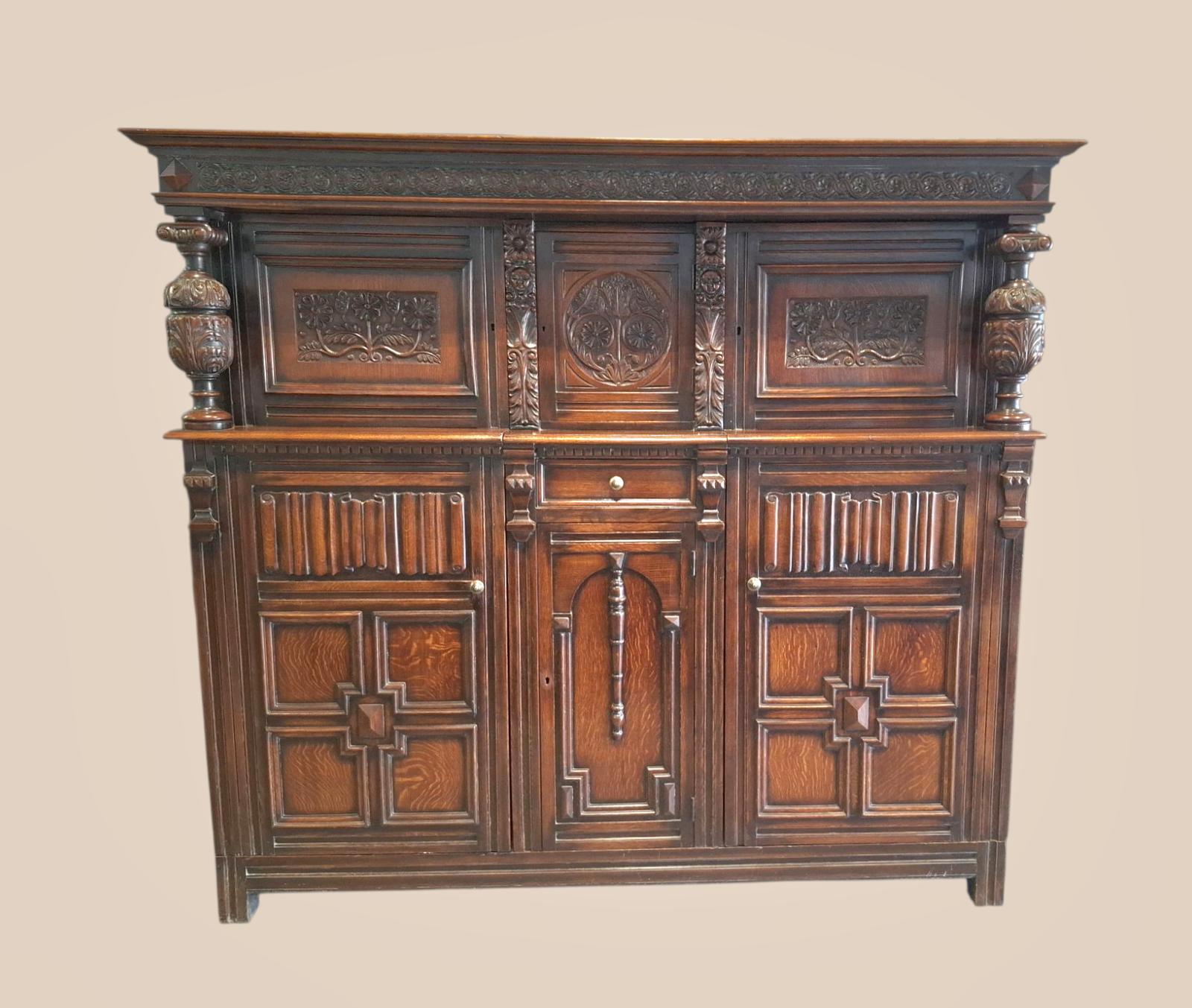 Jacobean Renaissance Heavily Hand-Carved, Solid Oak Cupboard (1 of 10)