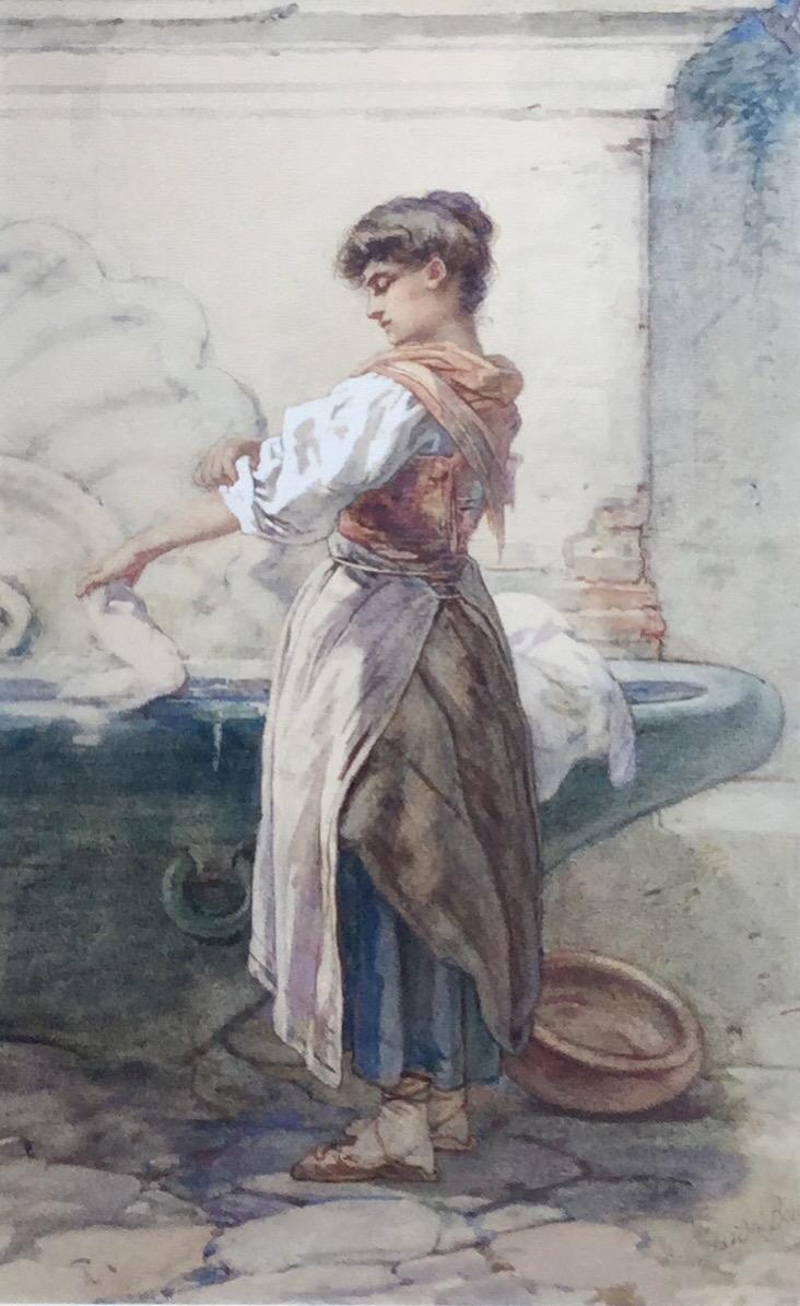 Guido Bach Watercolour - Girl with Washing by Fountain (1 of 2)