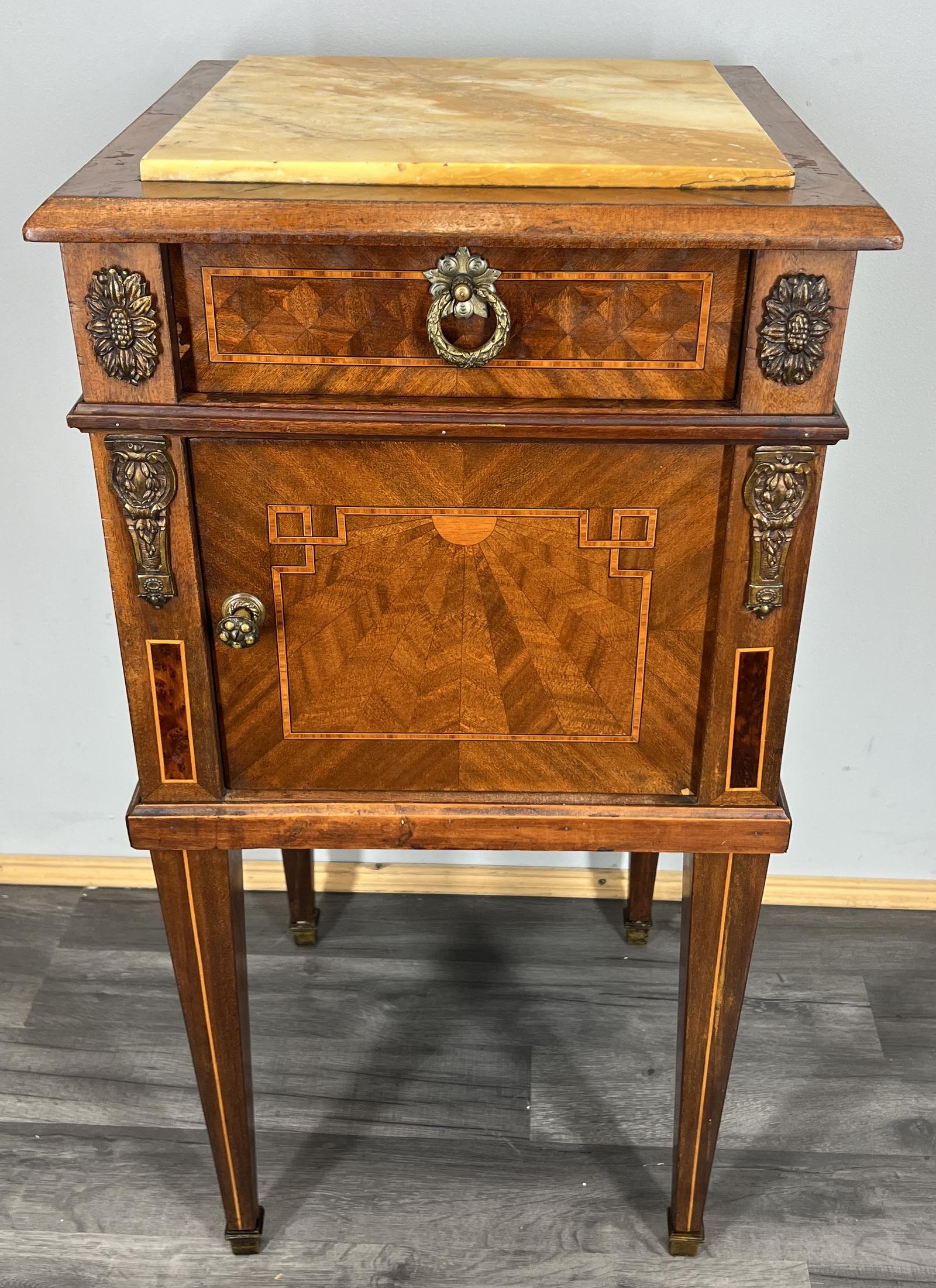 Bedside Table Antique French with Marble Top Carved Inlaid Cabinet (1 of 14)