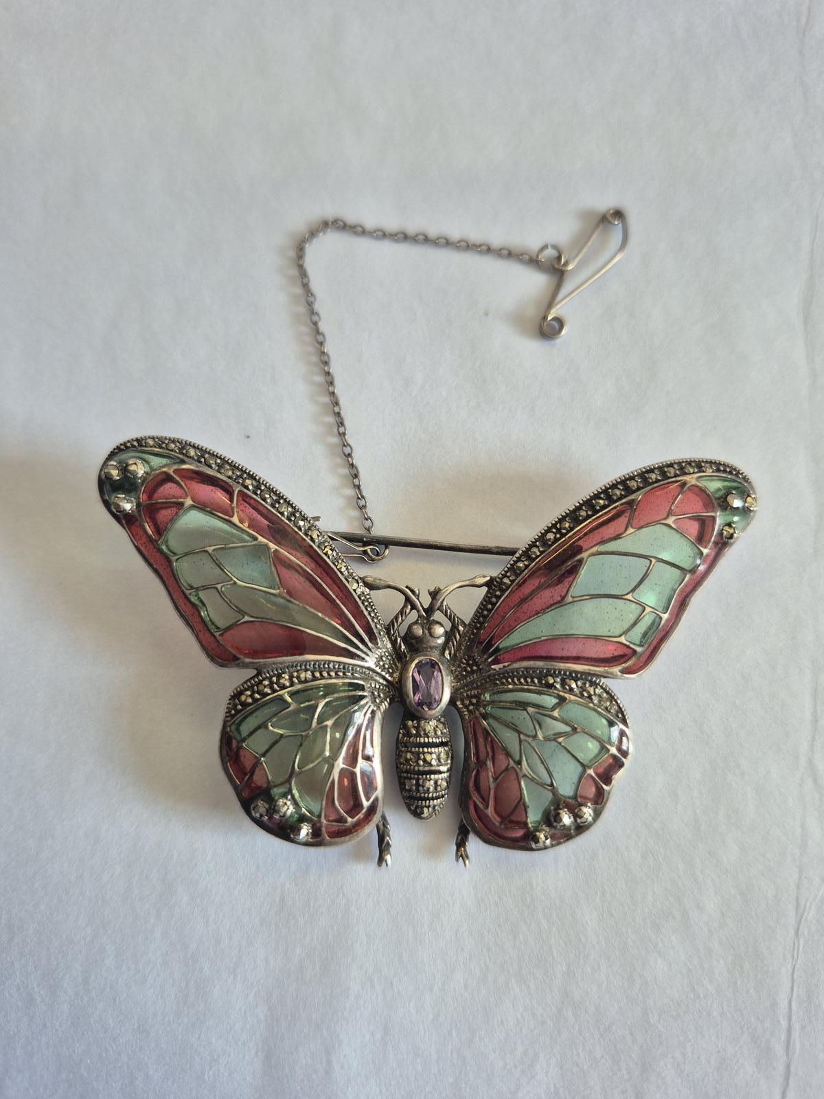 Plique a Jour 925 Silver Continental Butterfly Brooch 1930s (1 of 6)