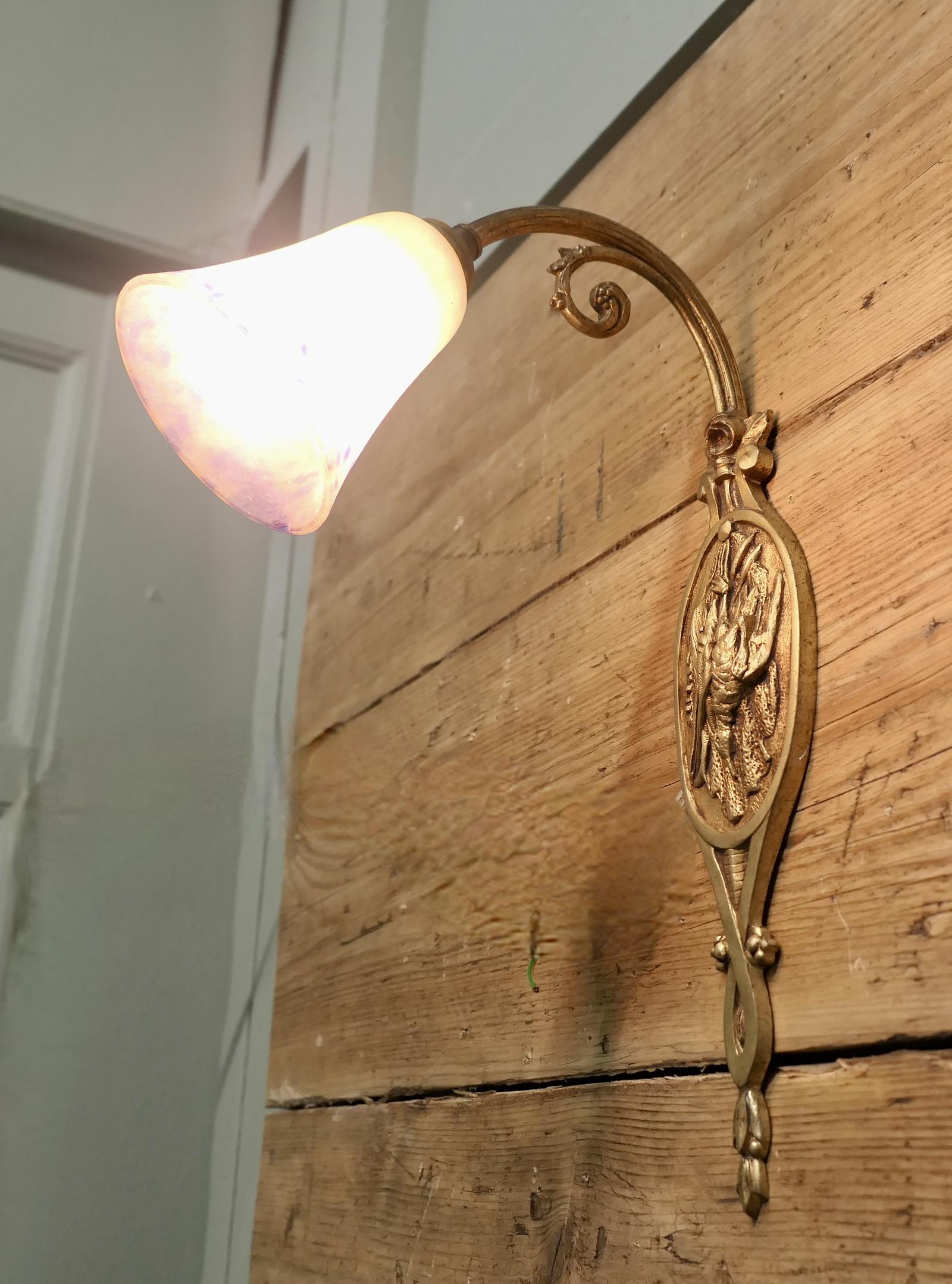 French Brass Wall Light with Original Dugué Glass Shade (1 of 6)
