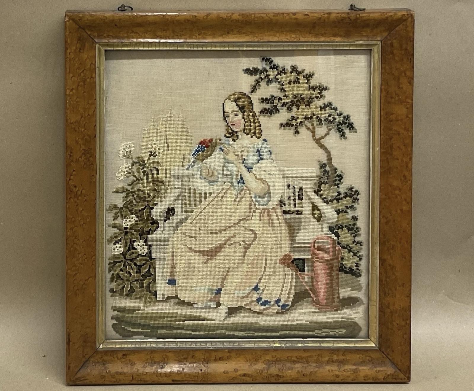 Antique Woolwork Embroidery of Lady & Bird on Bench in Maple Frame Victorian c.1860 (1 of 6) Antique Woolwork Embroidery of Lady & Bird on Bench in Maple Frame Victorian c.1860 (1 of 6)