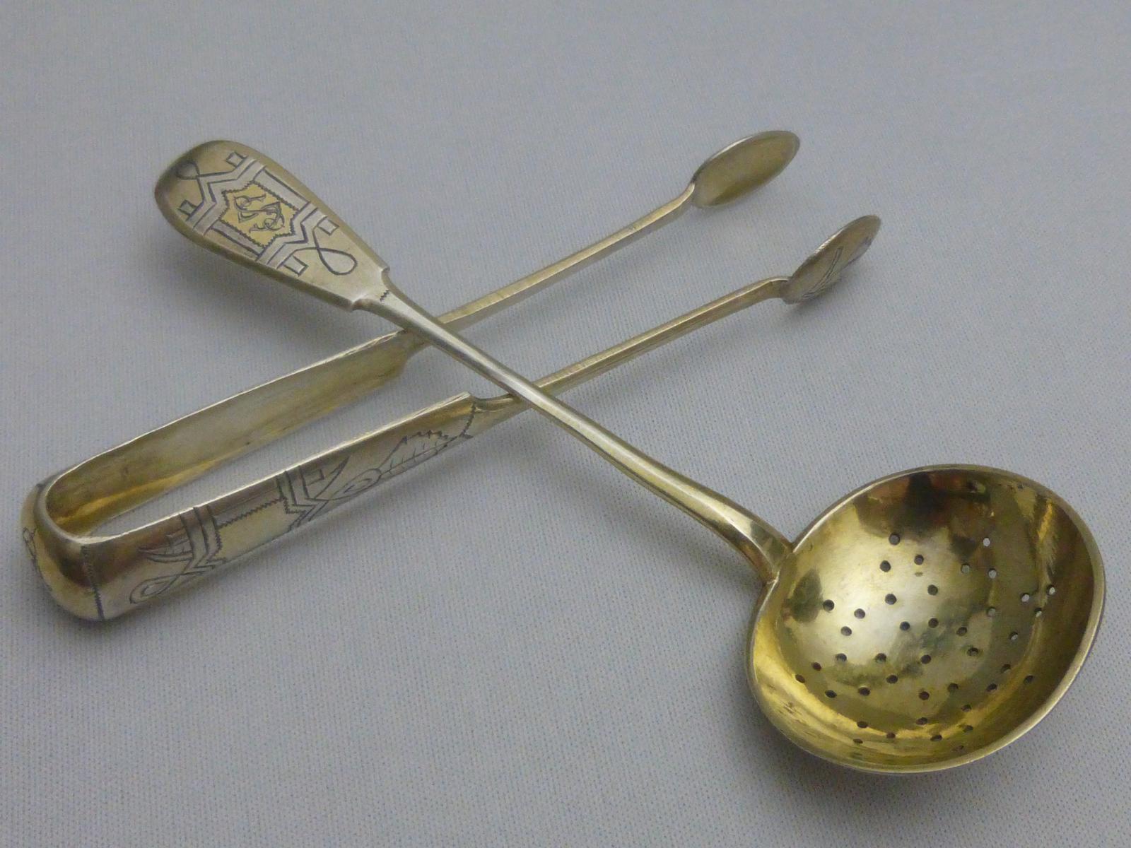 Pair of 19th Century Russian Silver Sugar Tongs & Silver Sugar Sifter (1 of 7)