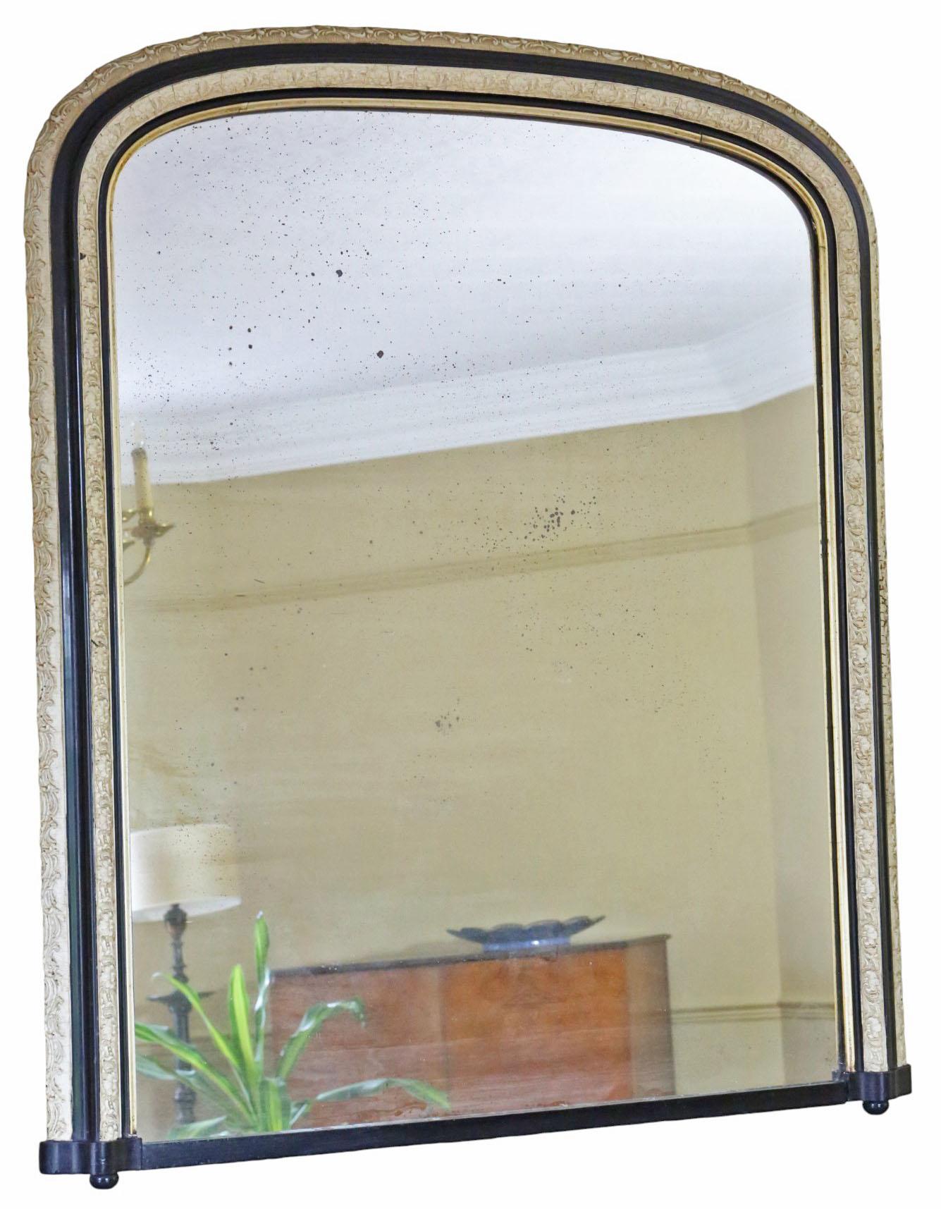 Antique 19th Century Black Ebonised and Cream Overmantel Wall Mirror – Ornate Frame (1 of 7)