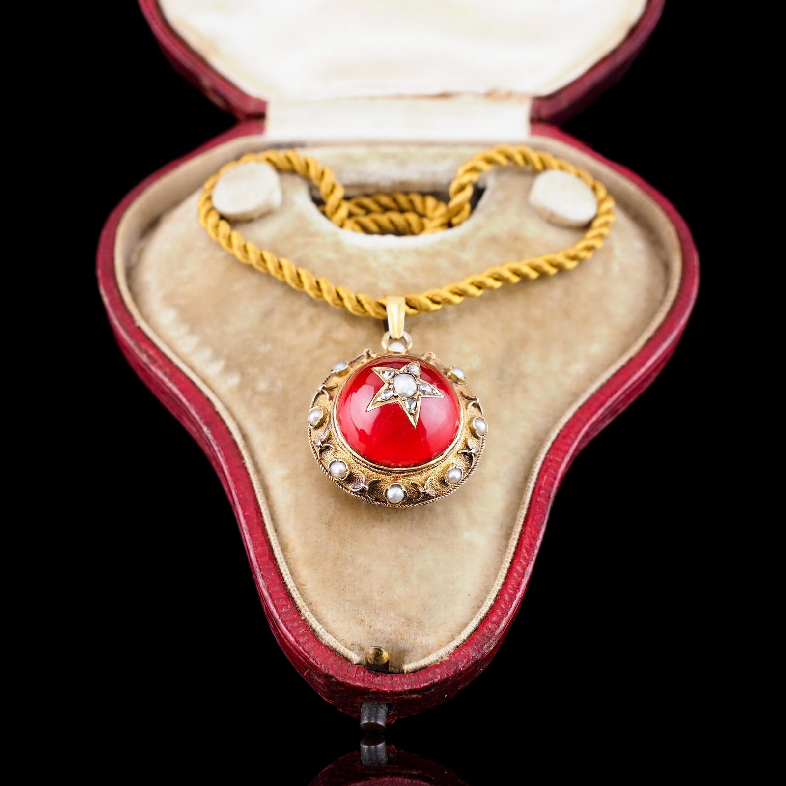 Antique Victorian Diamond & Pearl Star Necklace with Red Rock Crystal Cabochon 15ct Gold - c.1880 (1 of 28)