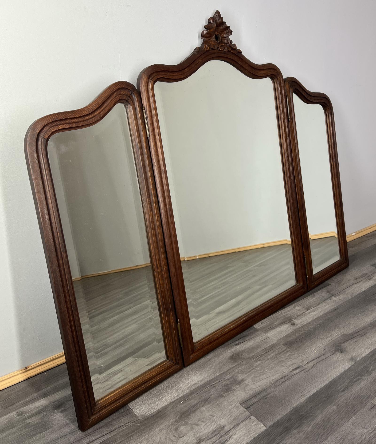 Wall Mirror Antique French Rocaille Oak Triple Panel (1 of 7)