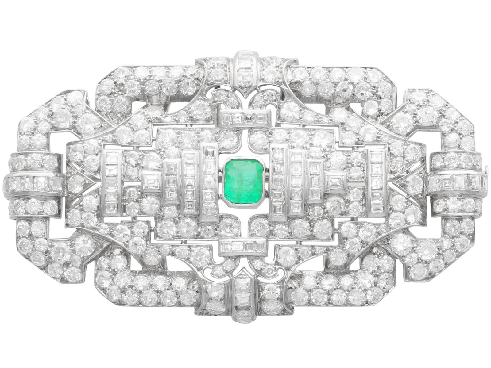 Antique Art Deco 1.02ct Emerald and 11.88ct Diamond Platinum Brooch Circa 1925 (1 of 12)