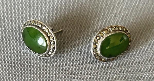 Pair of Silver, Marcasite & Nephrite Jade Earrings (1 of 5)