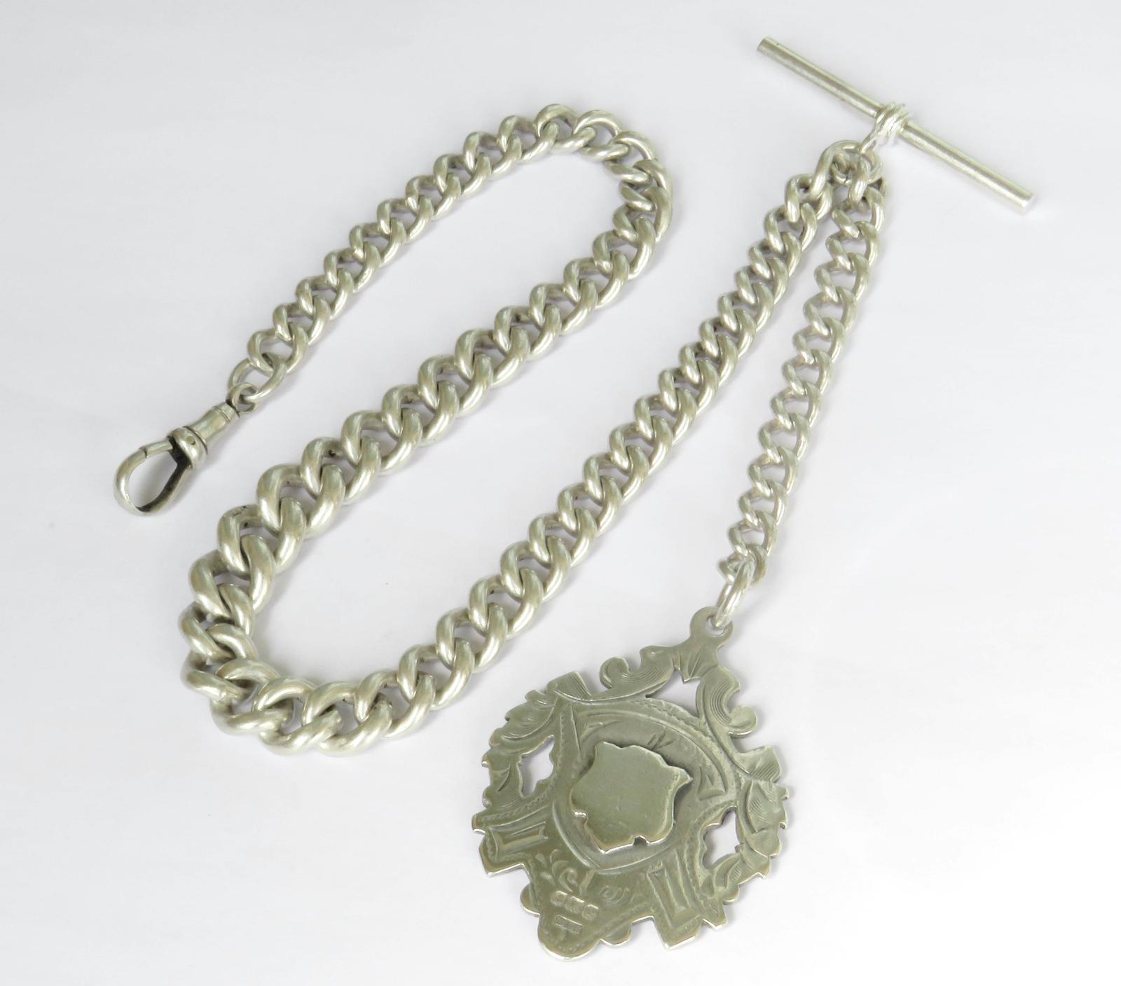 Heavy Antique Silver Pocket Watch Chain & Fob (1 of 4)