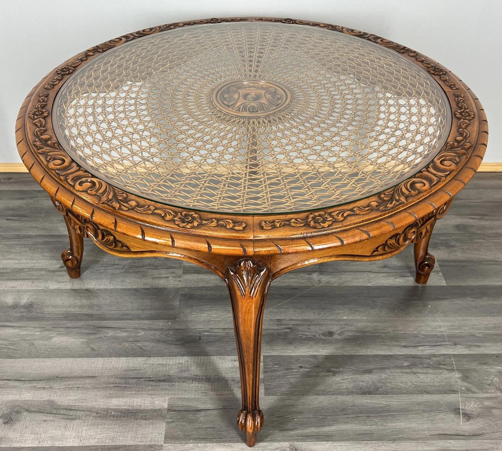 Coffee Table Vintage French Glass Top Ornate Cane Table (1 of 11) Coffee Table Vintage French Glass Top Ornate Cane Table (1 of 11)
