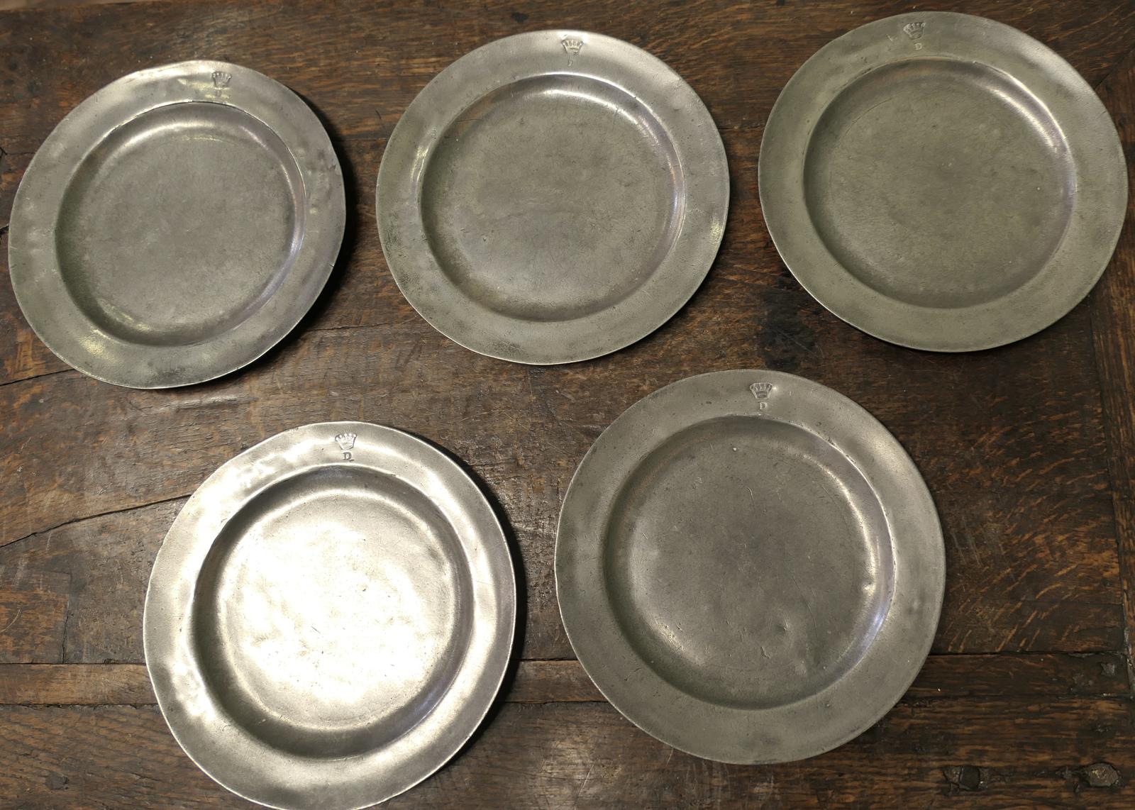 5 Pewter Chargers, Embossed with a “crown Over D” (1 of 6) 5 Pewter Chargers, Embossed with a “crown Over D” (1 of 6)