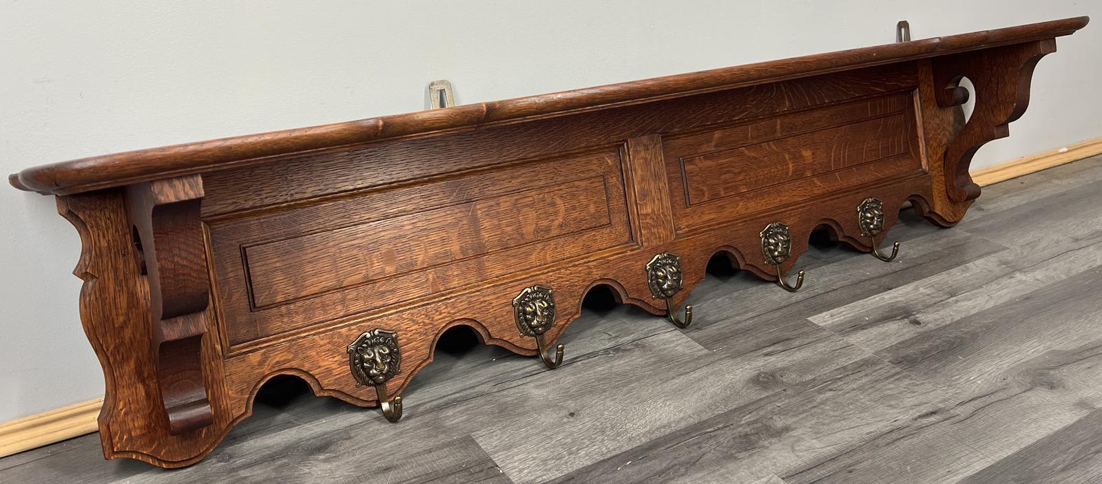 French Vintage Coat Rack Oak 5 Brass Hooks Wall Shelf Hanger (1 of 10)