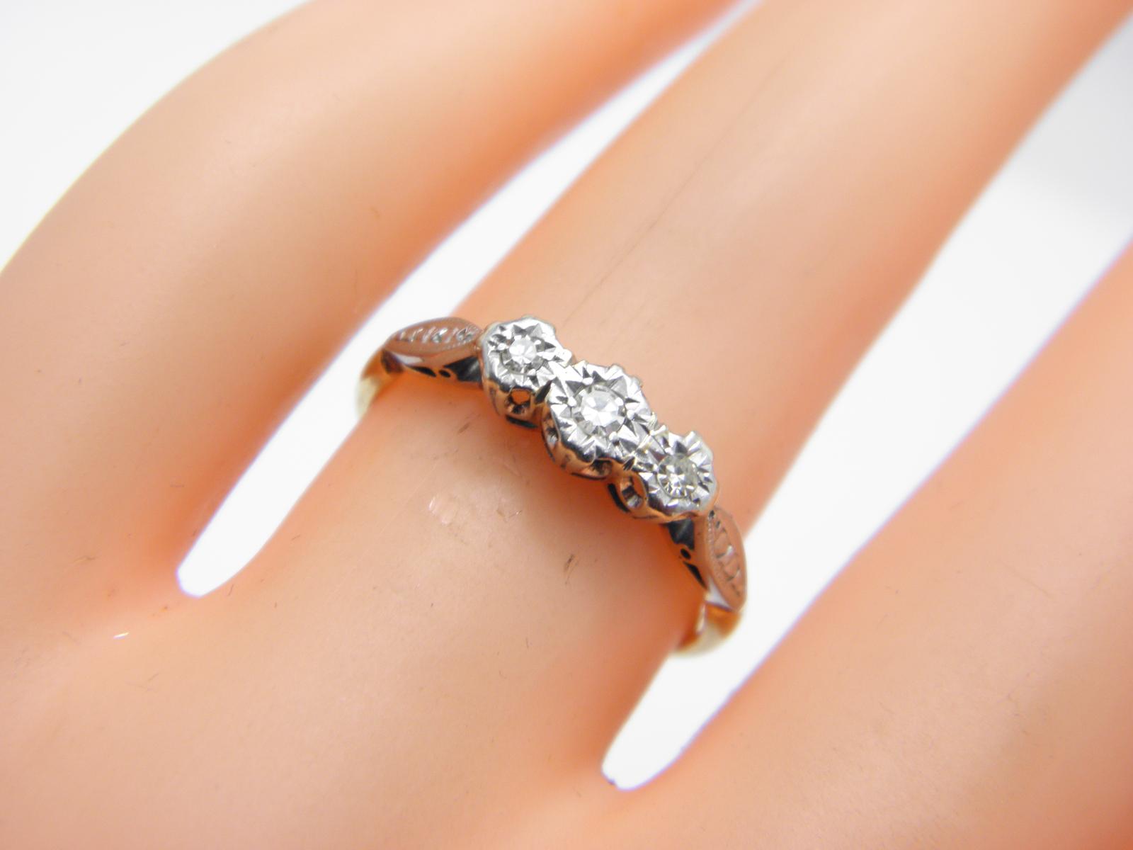 Antique 18ct Gold Platinum Diamond Trilogy Engagement Ring Size K 1/2 (US Size 5.5) C1920 (1 of 13)