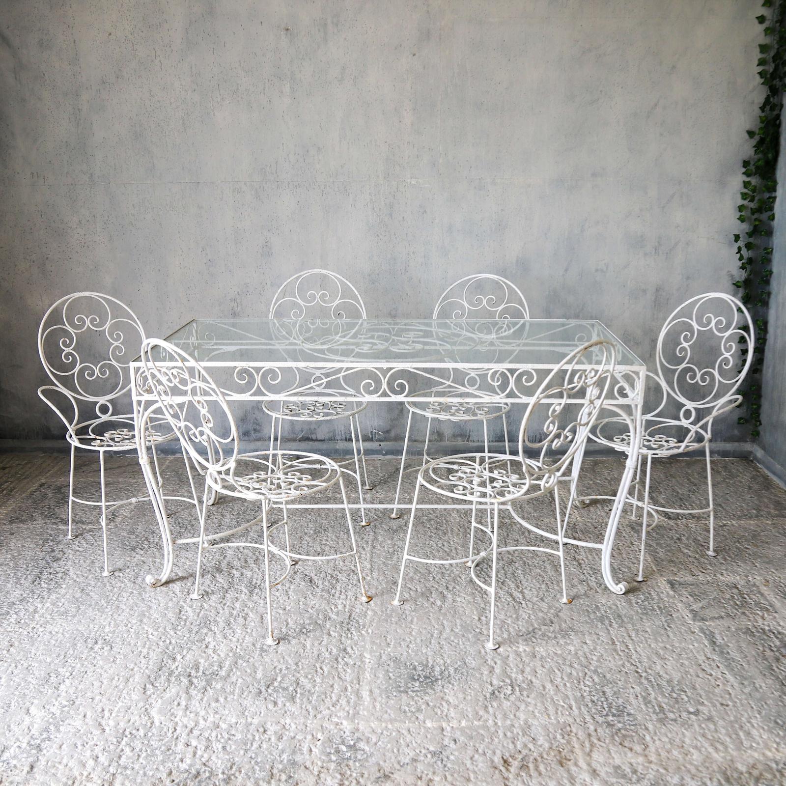Antique Garden Dining Table with Glass Top & Six Wrought Iron Chairs - France, 1960s (1 of 14)