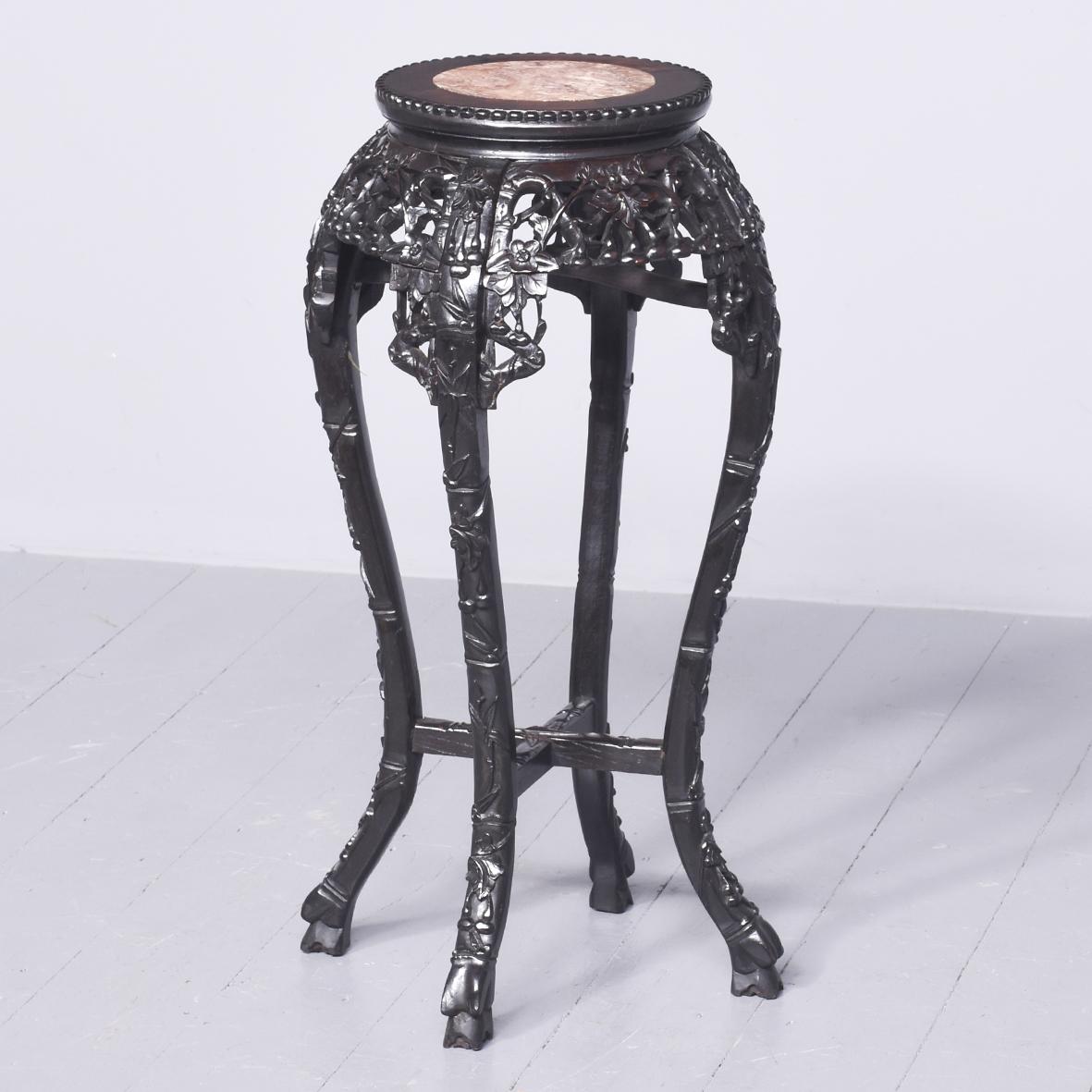 Carved Hardwood & Marble Inset Chinese Plant Stand (1 of 5)