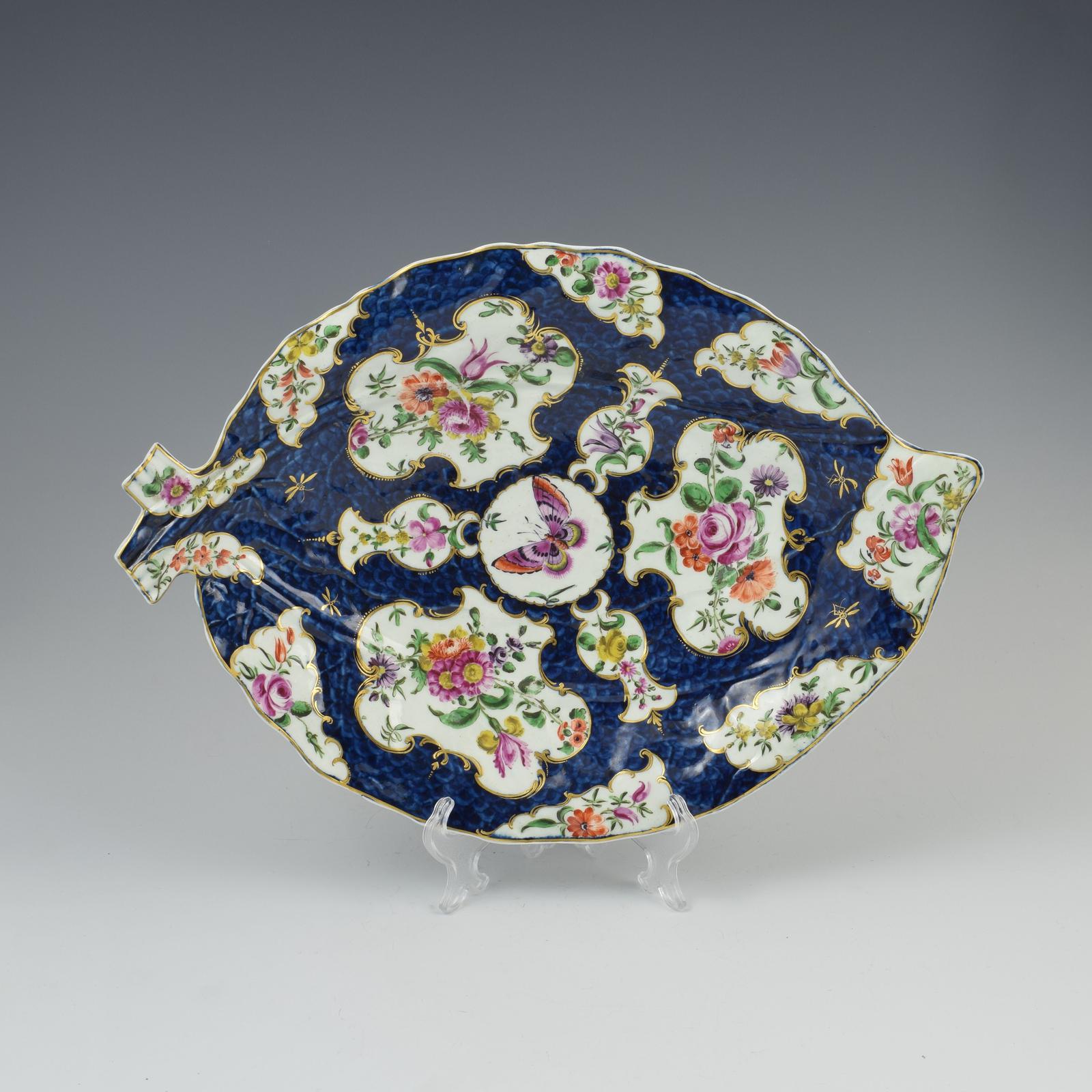 Very Large 34cm First Period Worcester Porcelain Blue Scale Leaf Dish c.1770 (1 of 9)