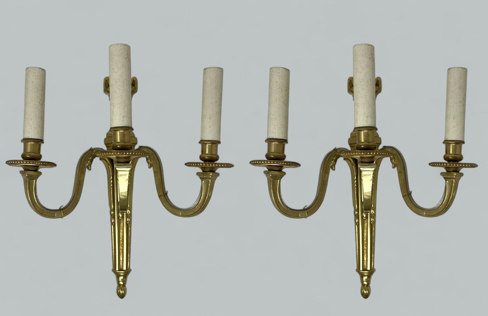 Antique Pair Ormolu Gilt Bronze Treble Light Wall Electric Sconces Appliques 19th Century (1 of 9)