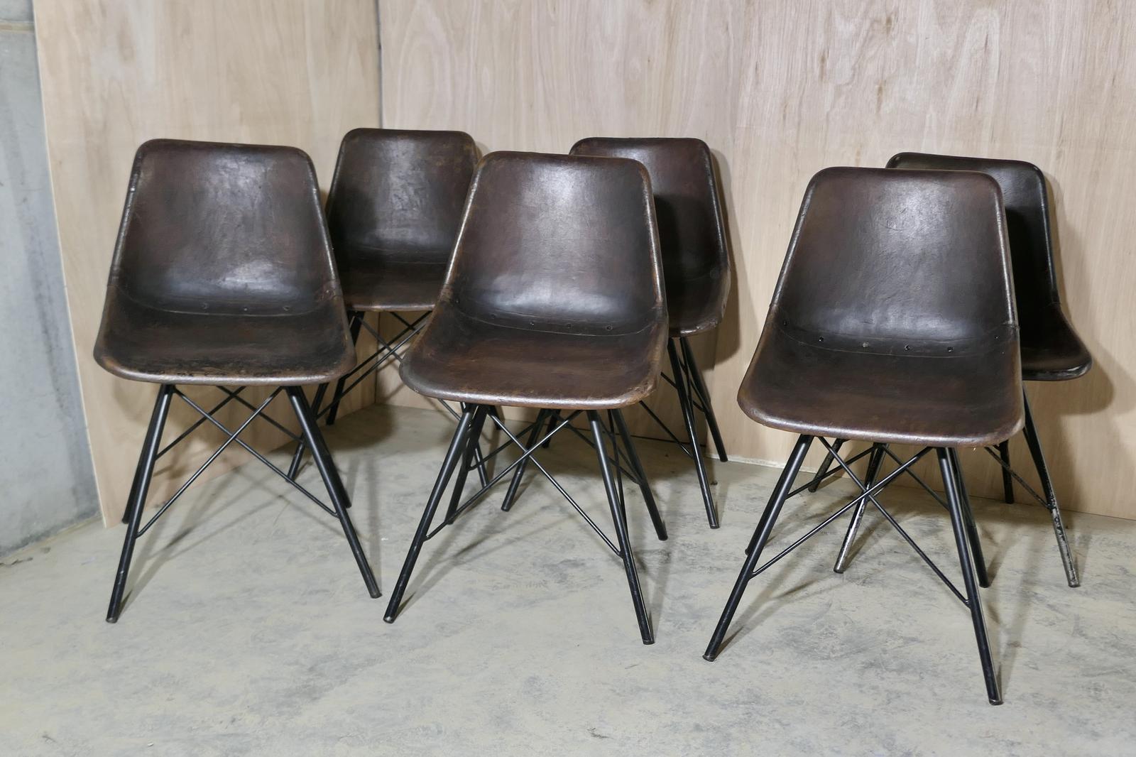 French Industrial Dining Chairs, 6 Dark Leather Chairs (1 of 7)