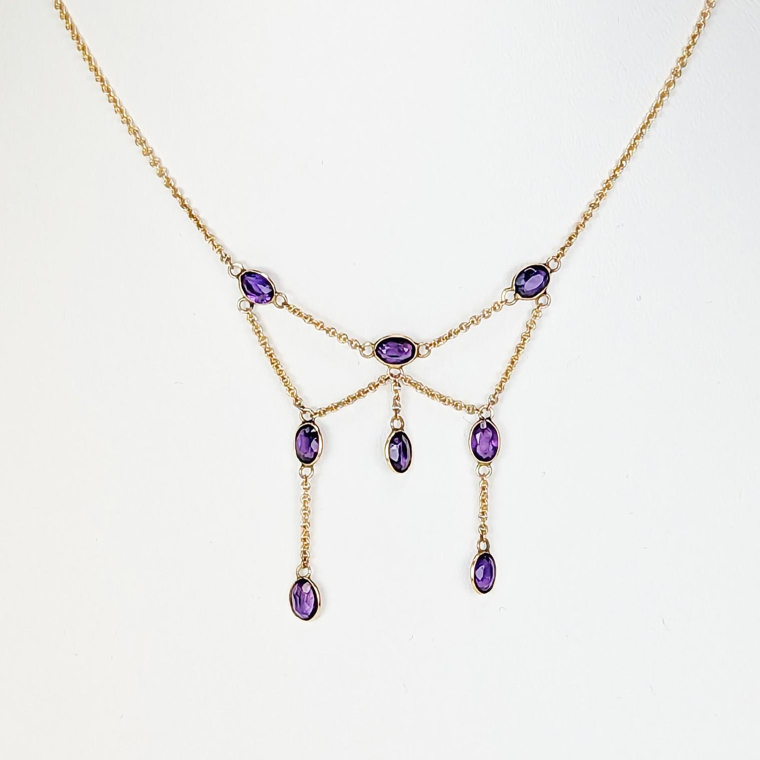 Edwardian 9ct Gold Amethyst Fringe Necklace Antique Swag Design c.1910 Gift Boxed (1 of 9)