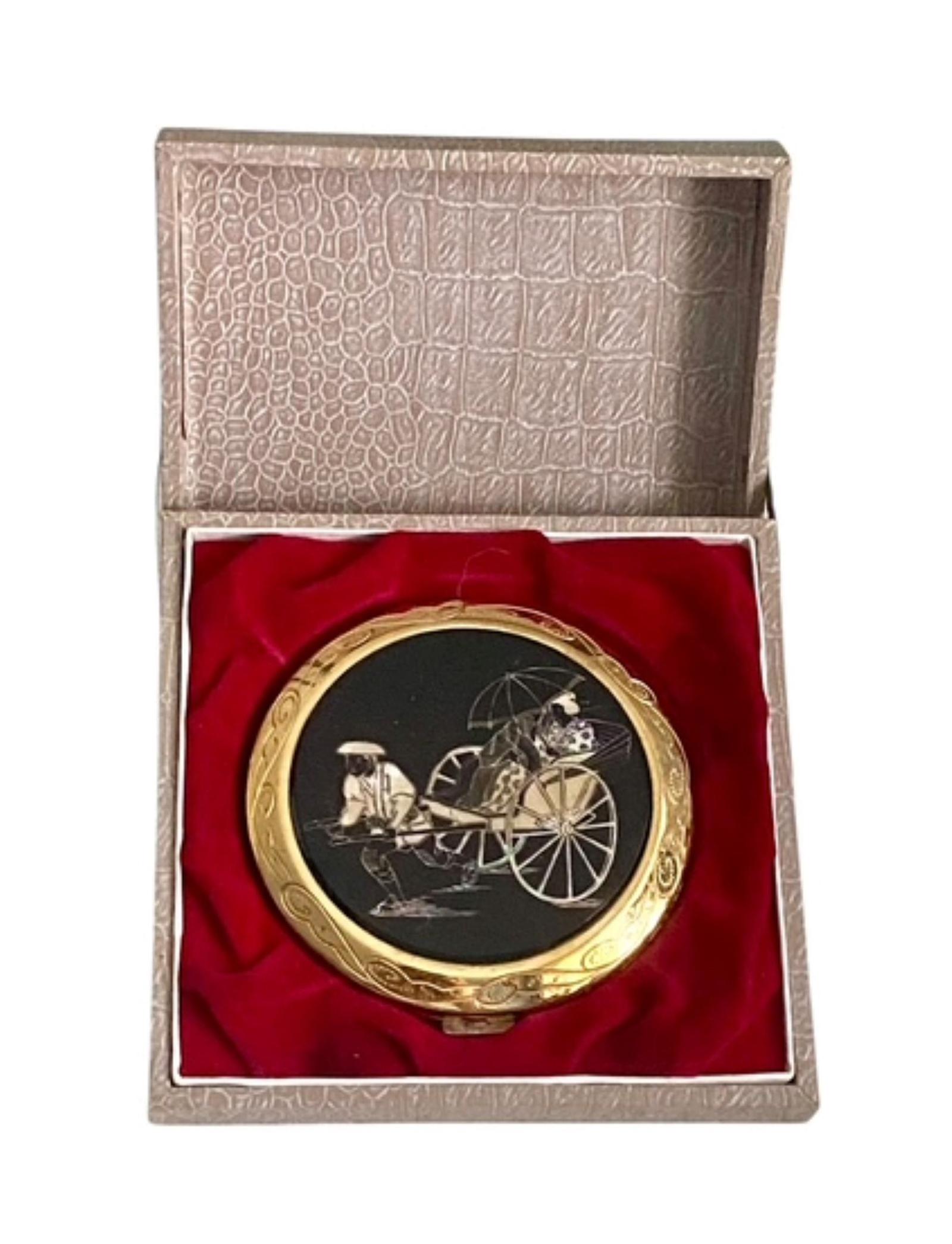 Vintage Powder Compact Enamel & Mother of Pearl Asian Themed in Original Box (1 of 8)
