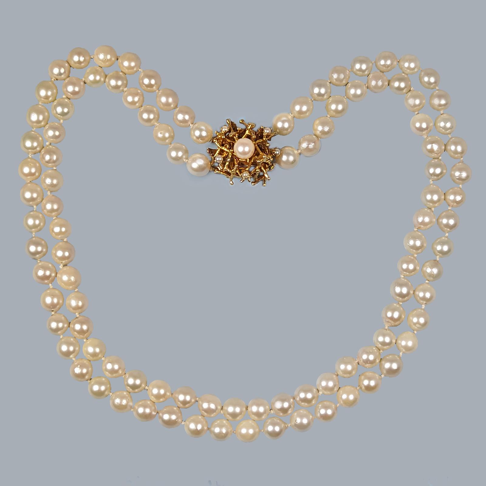 Vintage Pearl Necklace with Abstract Clasp Two Strand 1960s with Gem Lab Certificate (1 of 10)
