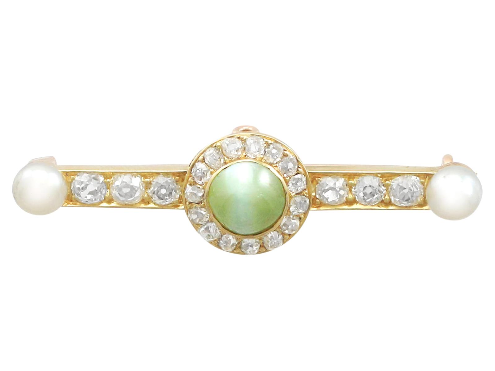 Victorian 1.55ct Cat's Eye Chrysoberyl & 1.10ct Diamond & Pearl 18ct Yellow Gold Bar Brooch (1 of 9)