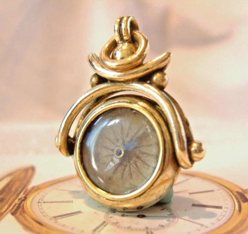 Pocket Watch Chain Compass Fob Swivel 1890s Victorian Brass Case & Agate Stone (1 of 12)