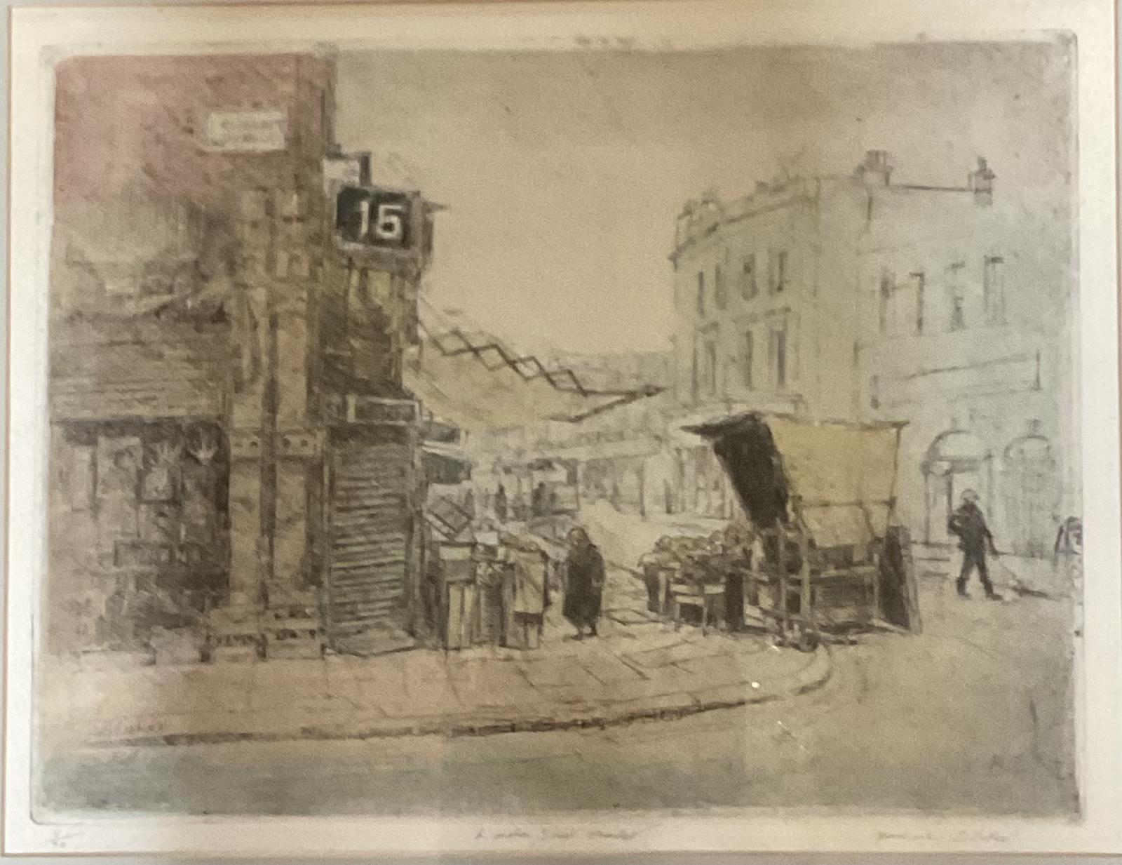 Coloured Etching of a London Street Market by Michael Blaker (1 of 1)