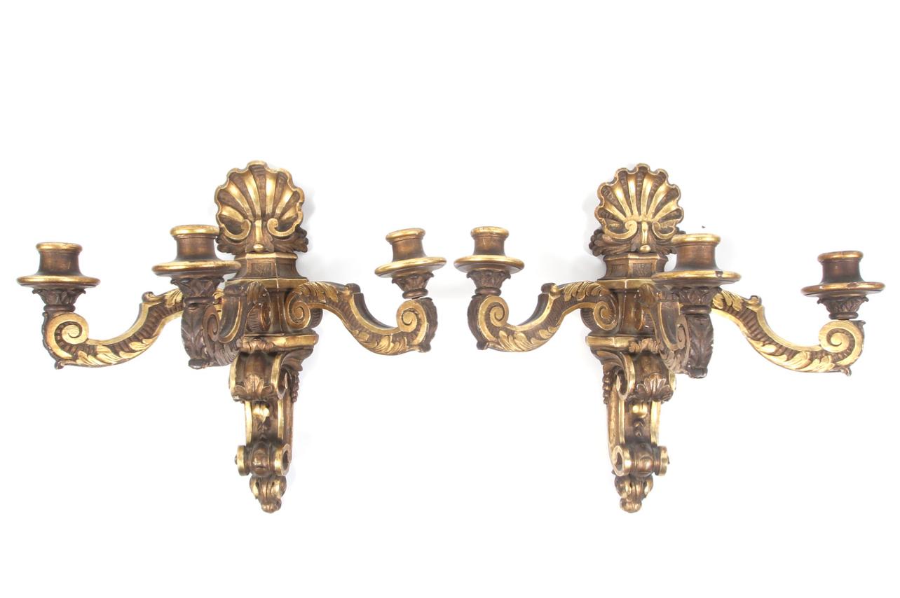 Pair of Carved Parcel Gilt Three Branch Wall Sconces (1 of 1)